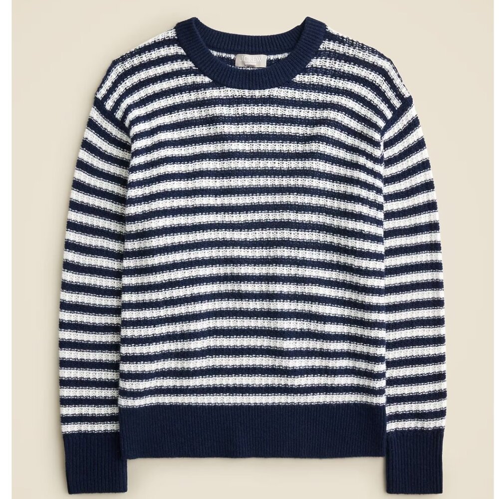 J Crew 100% Cashmere Relaxed Crewneck Sweater in Navy White Stripe, Medium